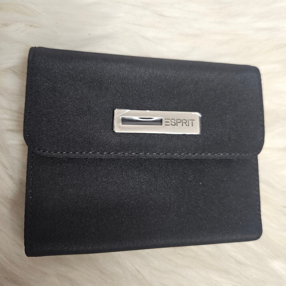 Vintage Esprit Black Trifold Wallet 90s Minimalist Nylon Y2K Logo ID Window
